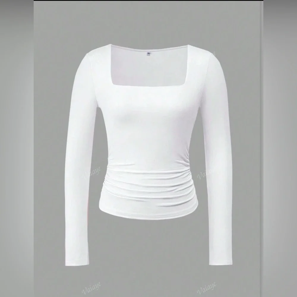 Ladies' Summer Knitted Square Neck Waist Cinching Sexy Y2K Base T-Shirt - Picture 3 of 4